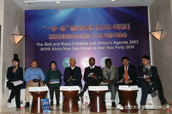 　　2017年12月30日，由北京大学非洲研究中心、北京大学非洲学生联谊会和北京大学开罗校友会共同主办的博雅非洲新年论坛在北京大学斯坦福中心举行。作为中心重要的年度学术活动，今年论坛的主题是“‘一带一路’倡议和非洲《2063年议程》”。此次论坛受到来自学界、中国政府、非洲驻华使馆、媒体、参与中非经济合作的企业以及非洲华人华侨团体等多方的广泛关注，近150名嘉宾受邀出席了活动。