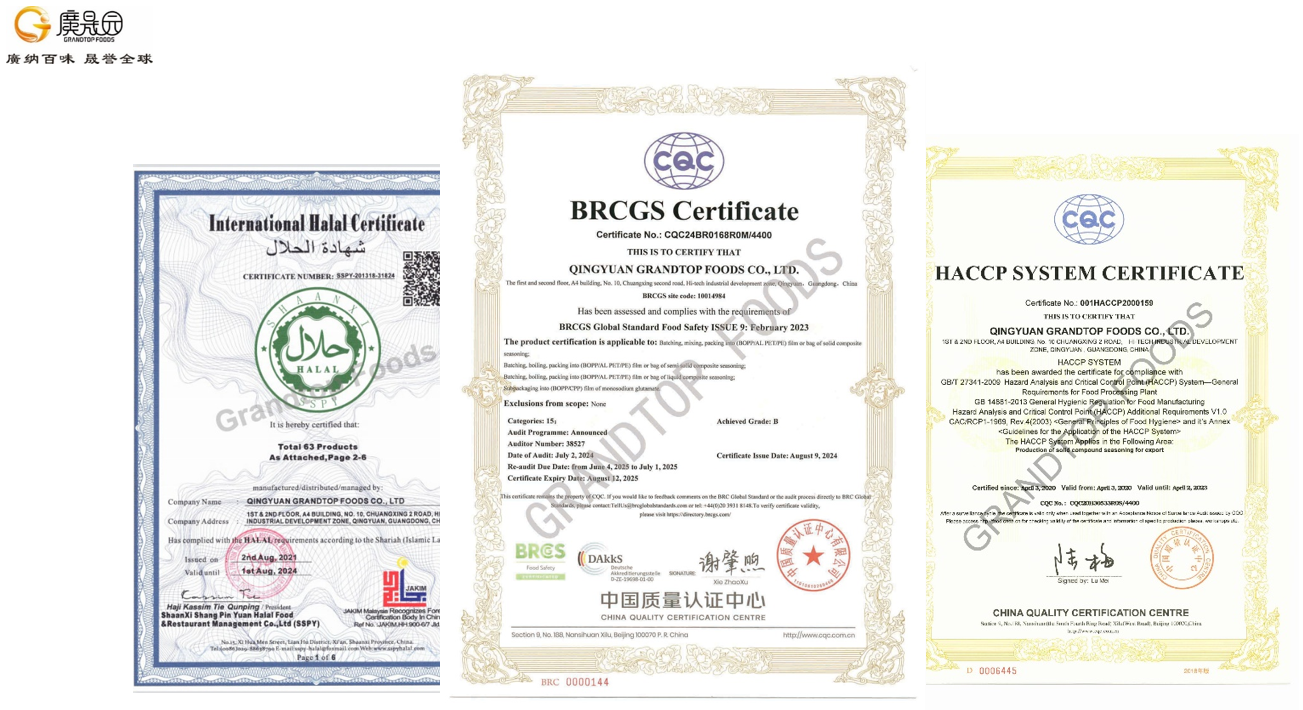 Certification of Qingyuan Grandtop Foods Seasoning Factory